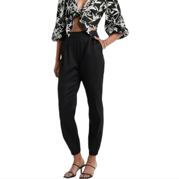 Express Black Linen High Rise Ankle Paperbag Pants Size 12 - Picture 1 of 7